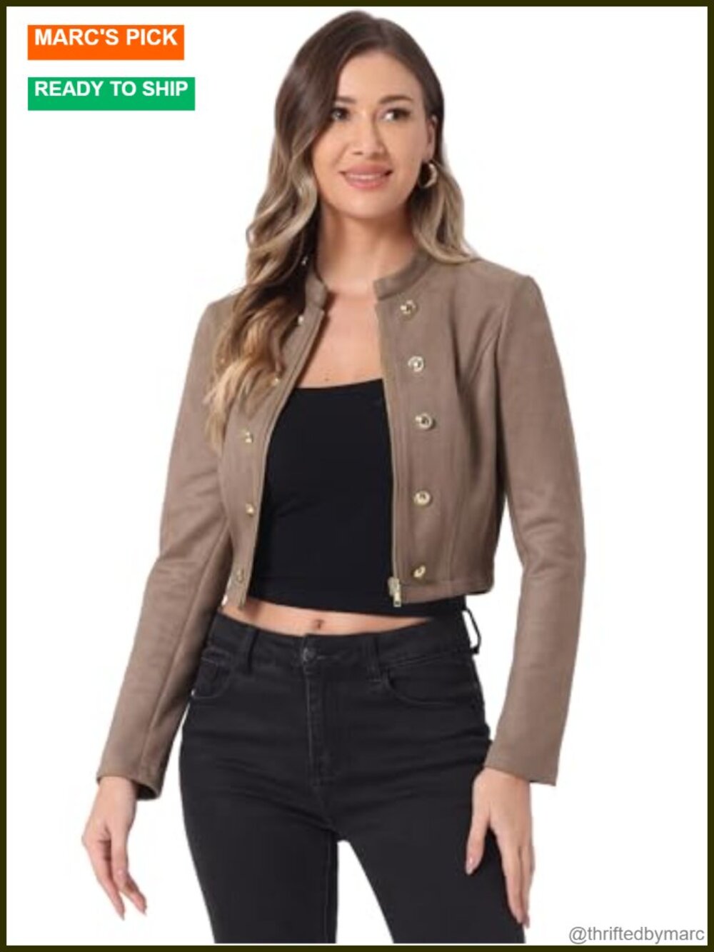 Faux Suede Cropped Jacket Double Breasted Moto Stand Collar